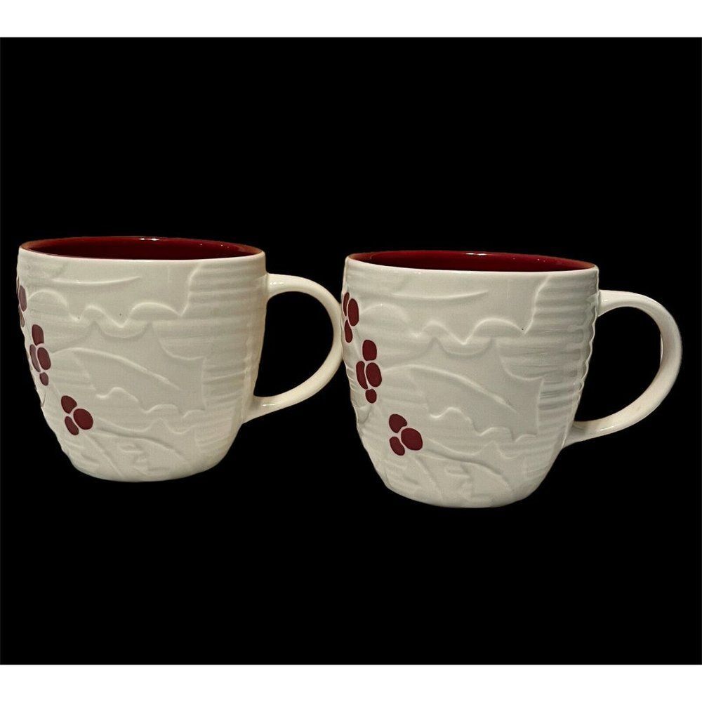 2 STARBUCKS 2010 HAND PAINTED 16oz 3D HOLLY BERRY Coffee CUP MUG Red Inside